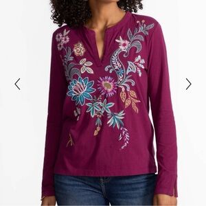 Johnny Was Edwin Split Jersey Tee Embroidered Floral Top 1X